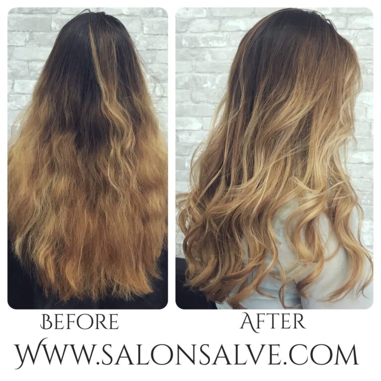 Before and after hair — ombré highlights curls