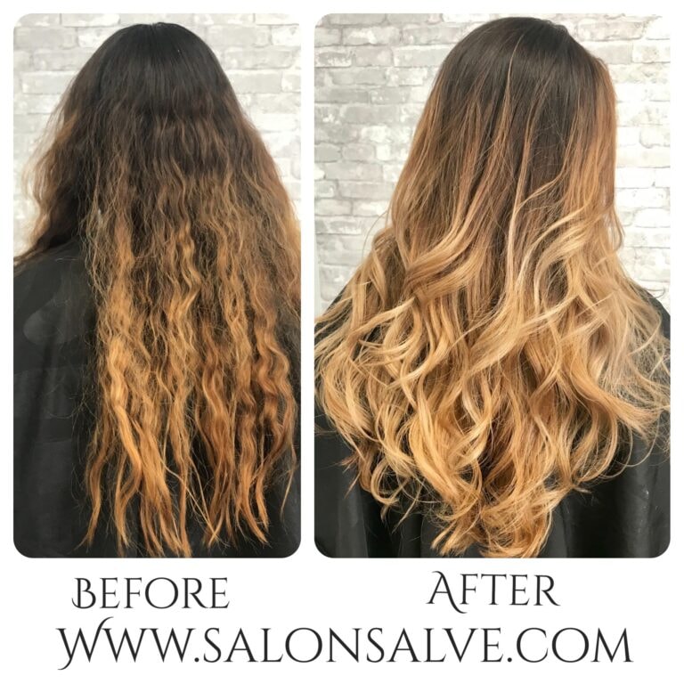 Before and after balayage — honey tones waves
